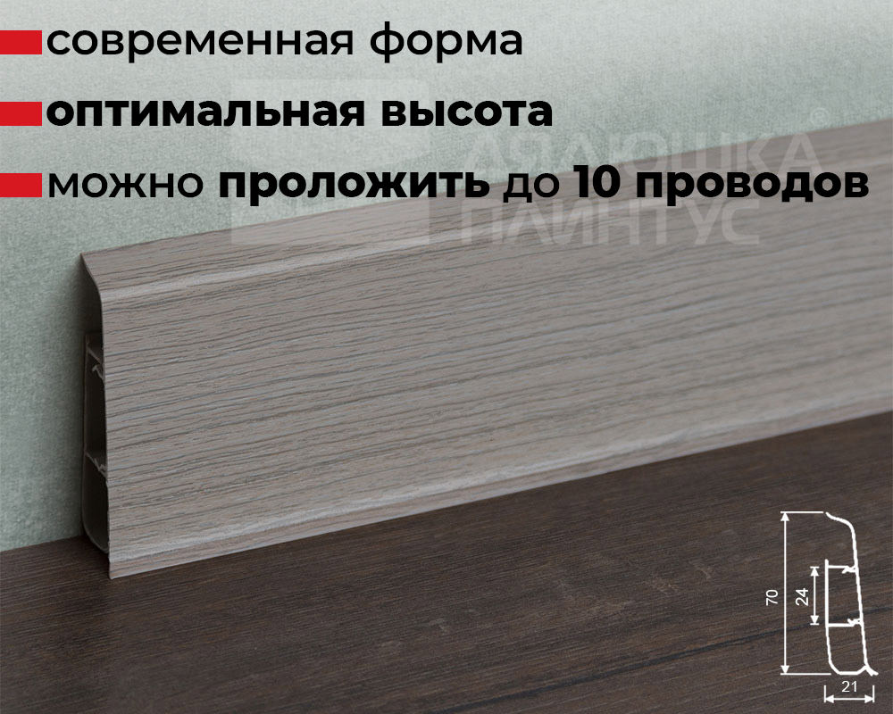 Плинтус ПВХ со съемной панелью Идеал Деконика 70 мм 253 Ясень серый